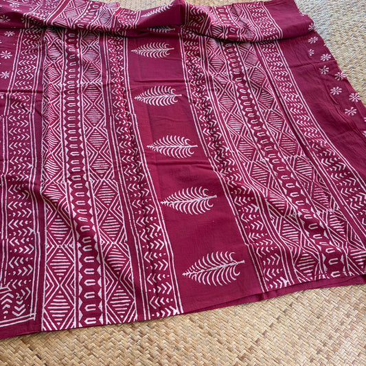 Mul Mul Cotton saree, Hand Block Printed, Maroon