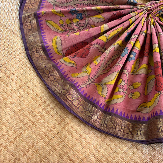Pink, Kalamkari Hand Painted on Chettinad Cotton saree