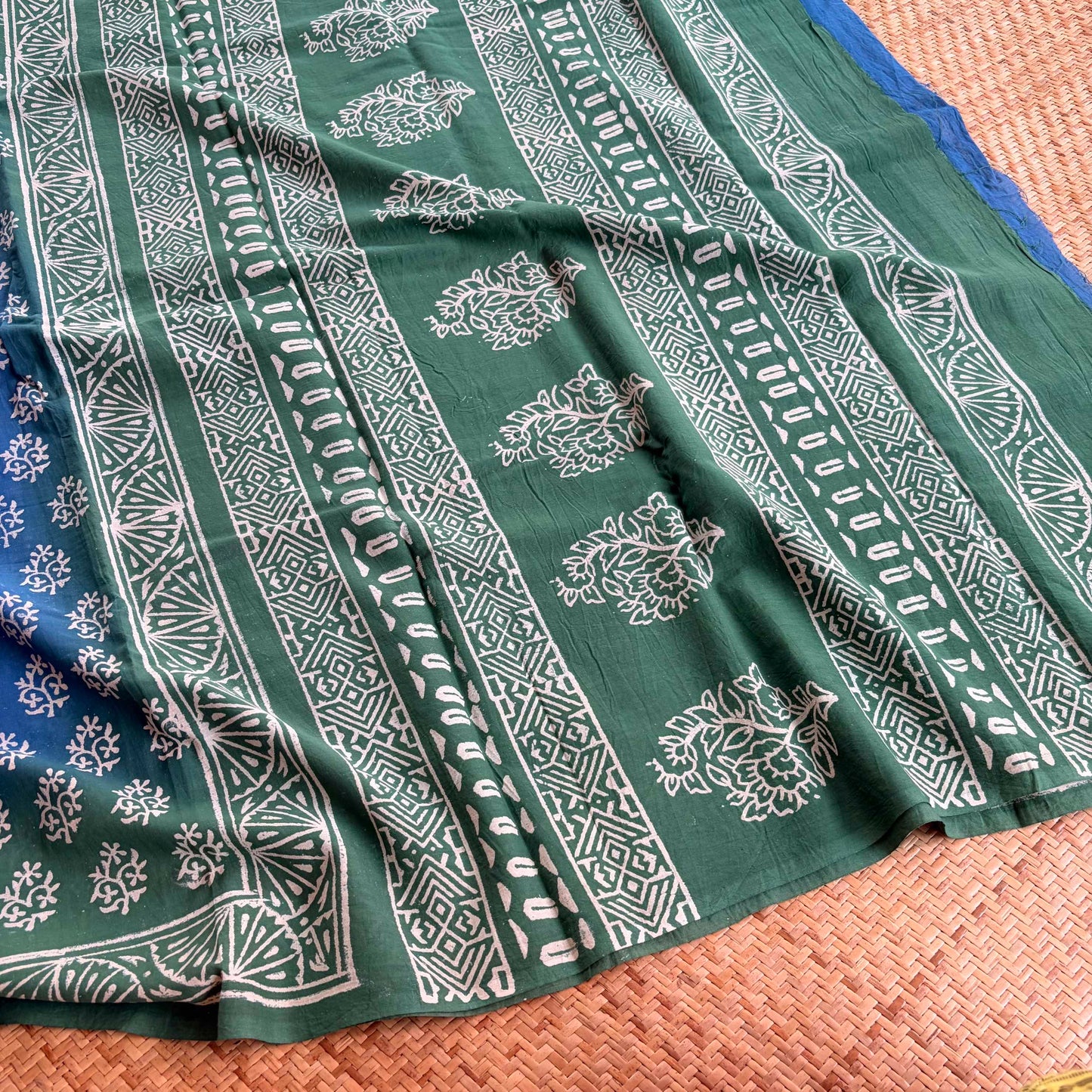 Mul Mul Cotton saree, Hand Block Printed, Blue