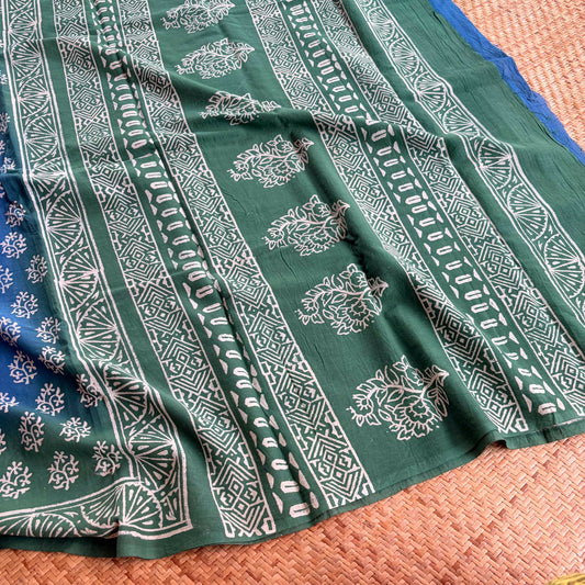 Mul Mul Cotton saree, Hand Block Printed, Blue