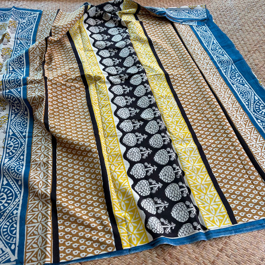 Mul Mul Cotton saree, Hand Block Printed, Beige