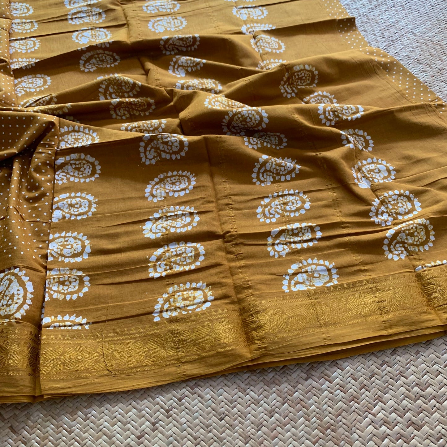 Mustard Hand Crafted wax print Sungudi Mul Mul Cotton Saree