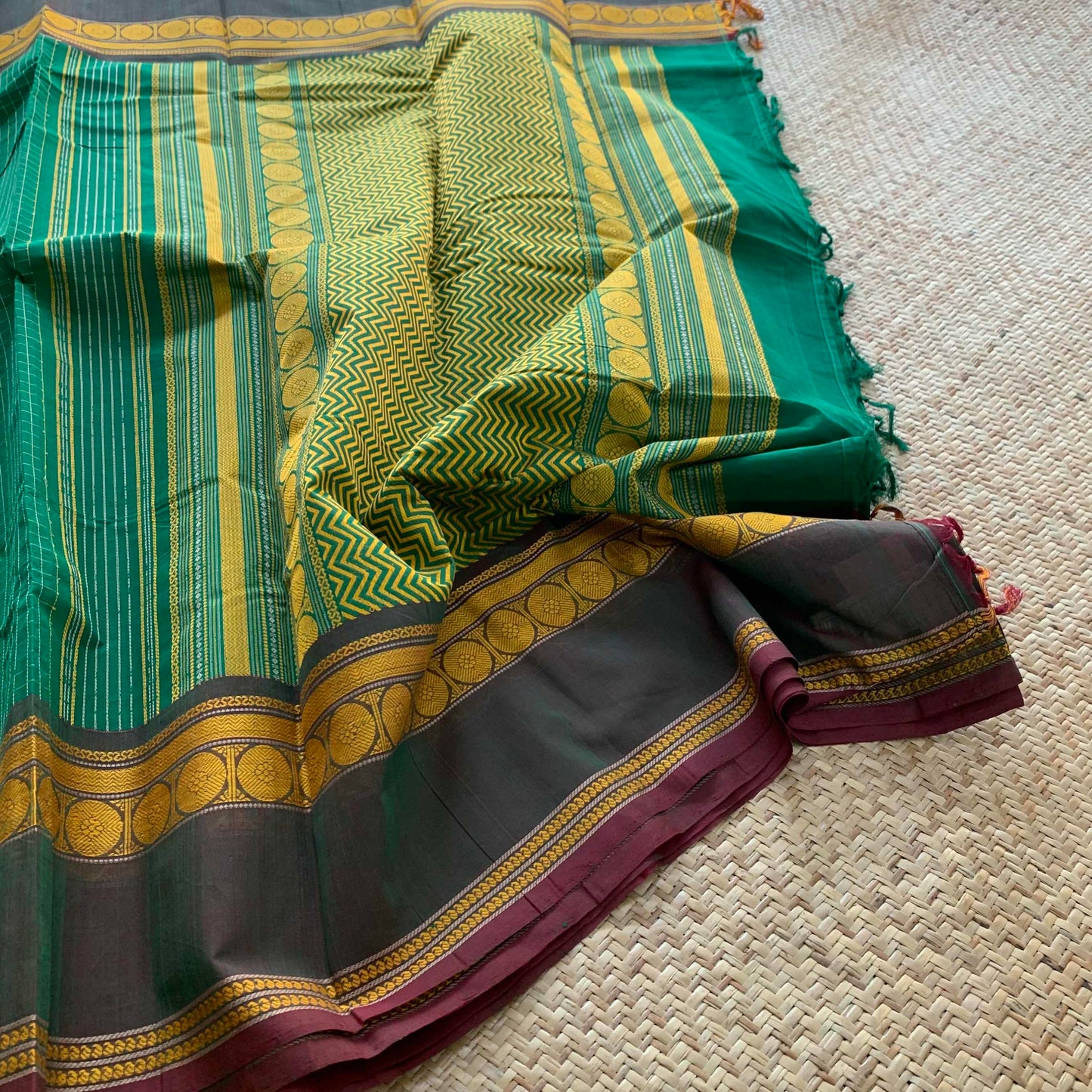 Kanchipuram Cotton Saree, Handwoven Green Saree With Grand Pallu