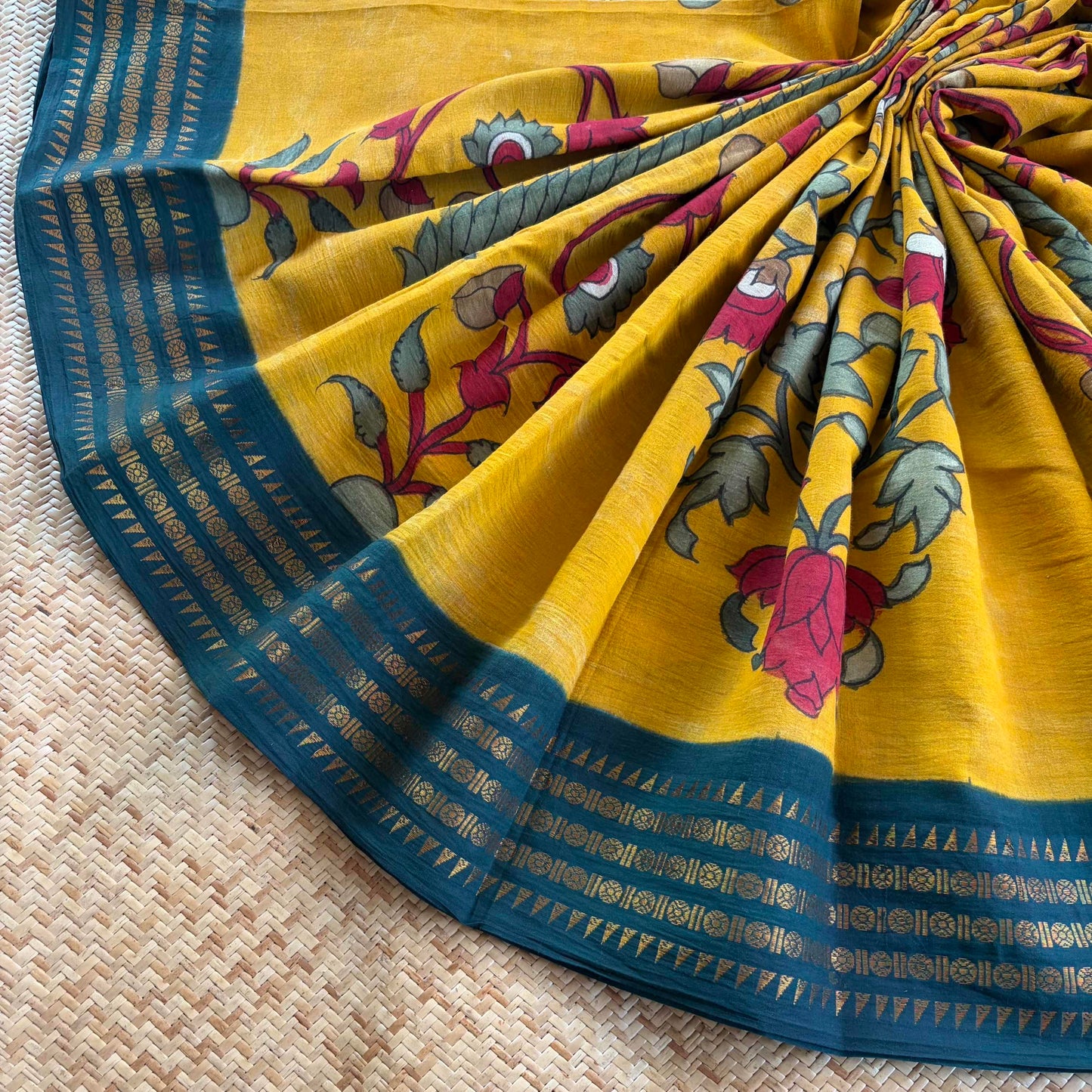 Botanical Kalamkari Hand Painted on Cotton Sungudi Saree With Blouse
