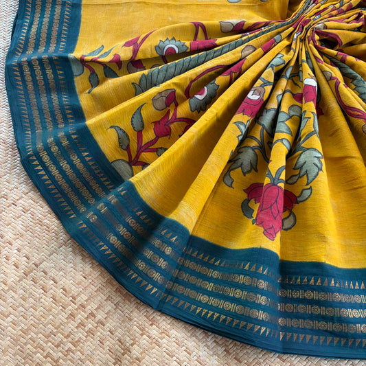 Botanical Kalamkari Hand Painted on Cotton Sungudi Saree With Blouse