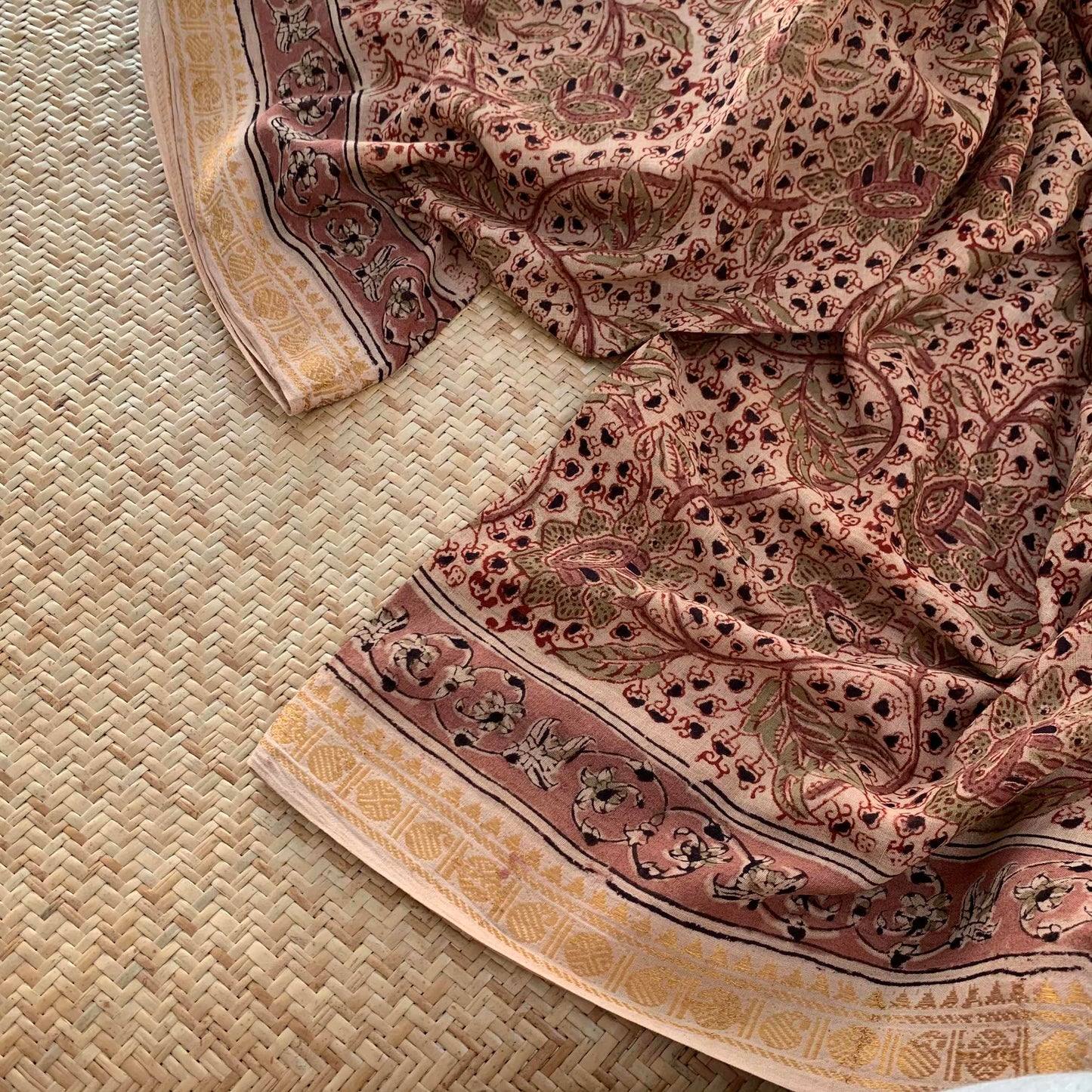 Beige, Kalamkari Hand Block Printed On Madurai Cotton Saree With Zari