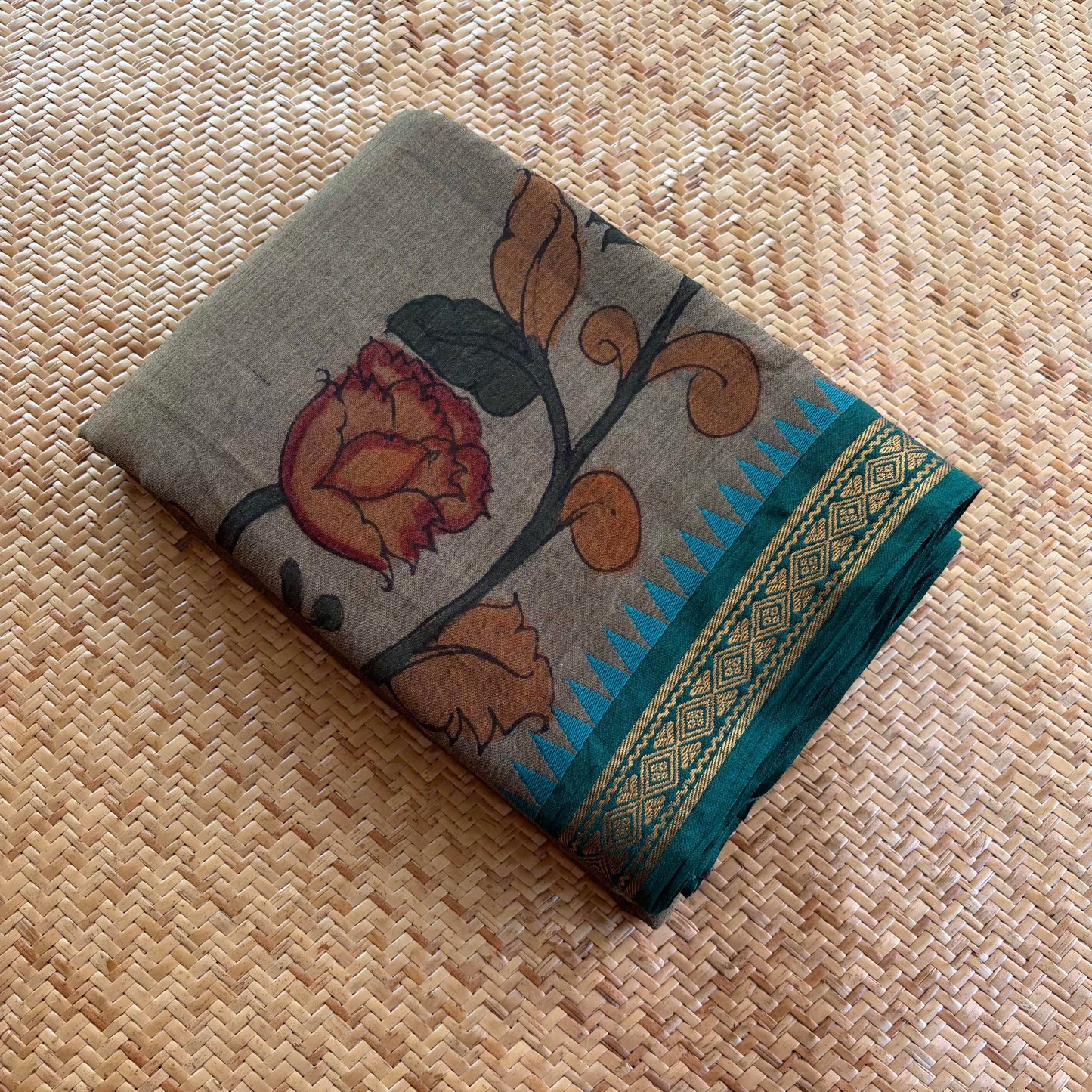 Grey Kalamkari Hand Painted on Chettinad Cotton saree
