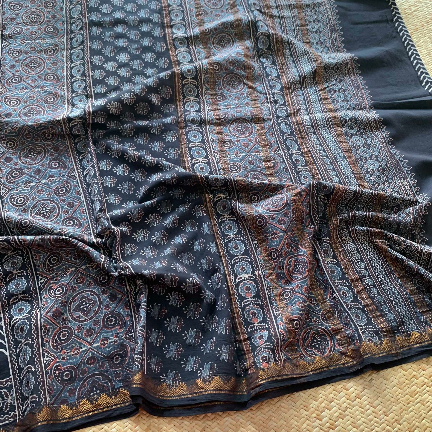 Herringbone Black, Ajrak Hand Block Printed On Madurai Cotton Saree With Zari
