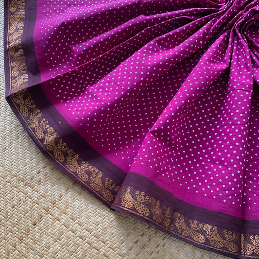 Purple With Brown Wax Print, Half Fine Zari Premium Sungudi Cotton Sarees