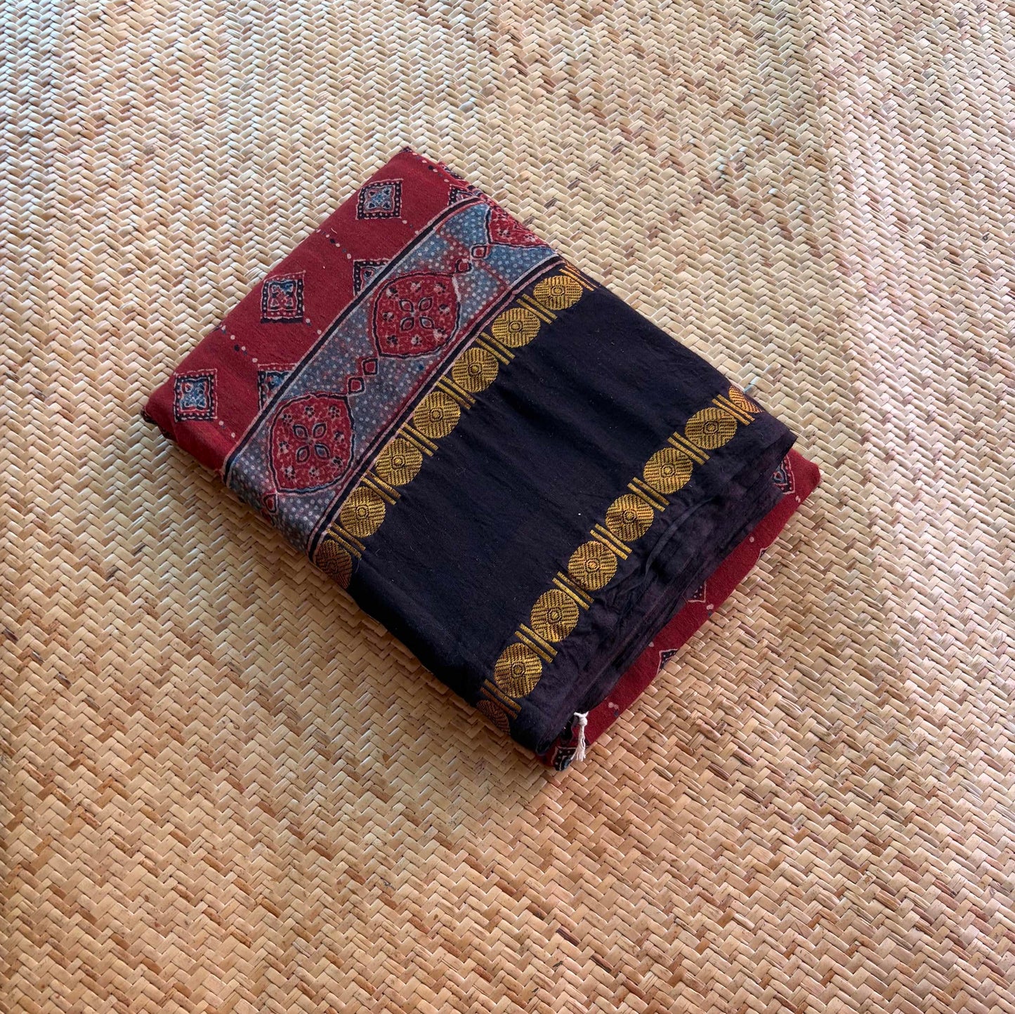 Diamond Red, Ajrak Hand Block Printed On Madurai Cotton Saree With Zari