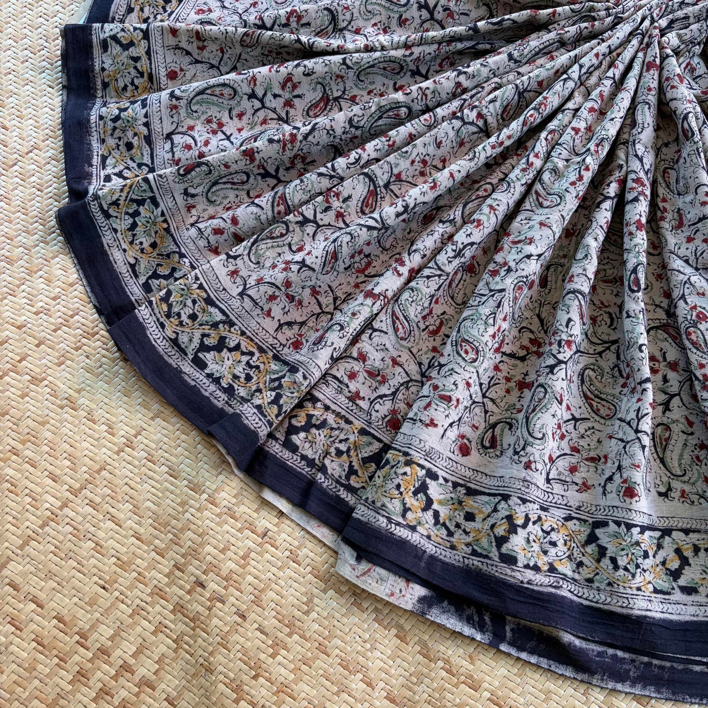 Multicoloured, Kalamkari Hand Block Printed Natural dye, Mul cotton saree