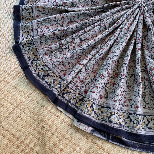 Multicoloured, Kalamkari Hand Block Printed Natural dye, Mul cotton saree