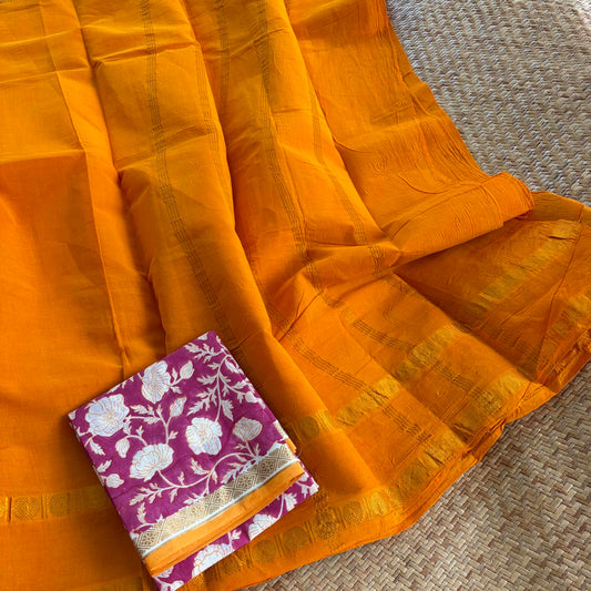 Yellow Saree With Hand Block Printed Blouse , Zari Rudraksham Rettai Pettu Border , Clamp dyed (Kattu sayam)