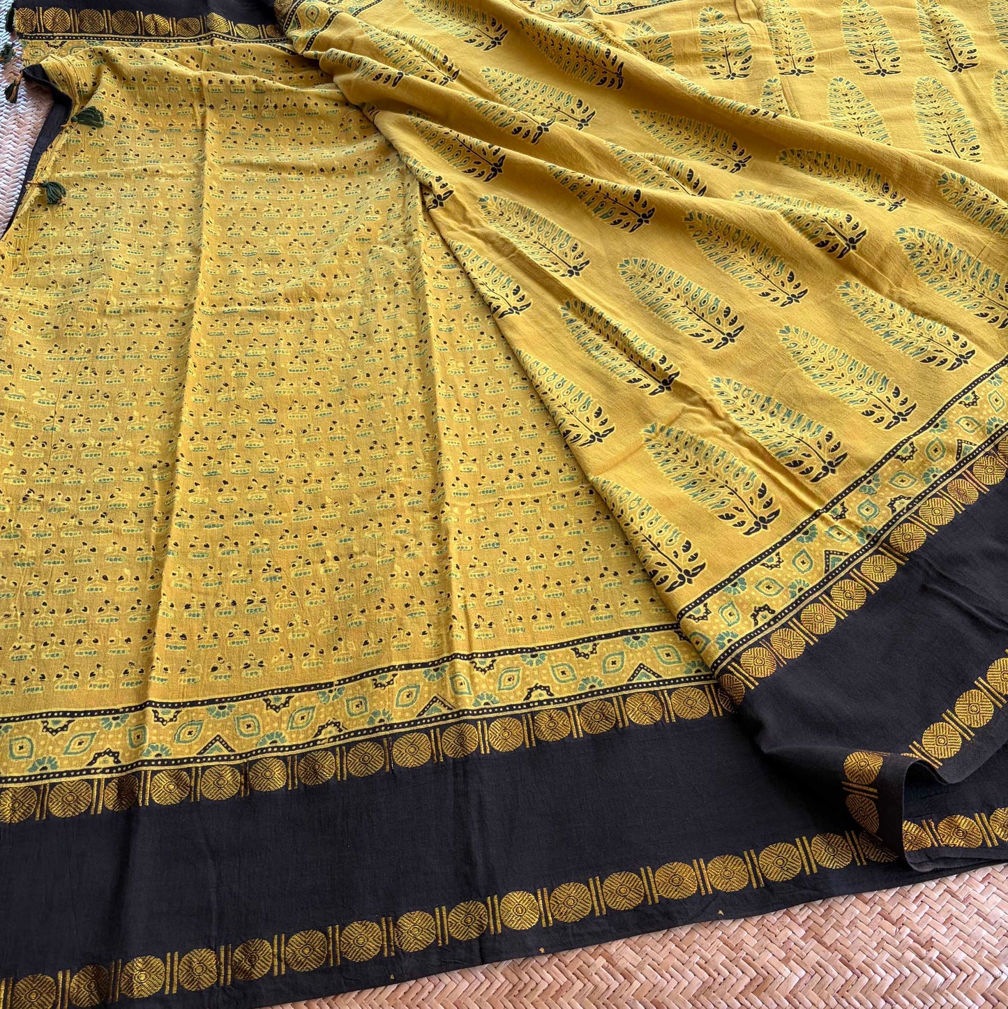 Mustard, Ajrak Hand Block Printed On Madurai Cotton Saree With Zari