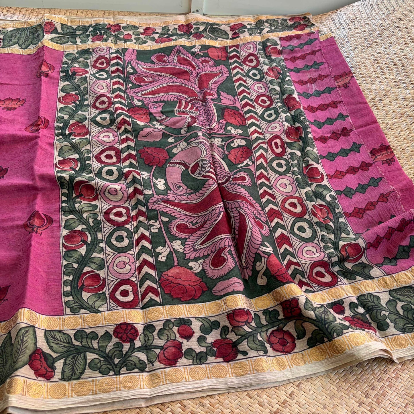 Pink Kalamkari Hand Painted on Cotton Sungudi Saree With Blouse