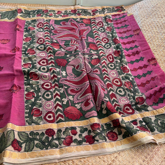 Pink Kalamkari Hand Painted on Cotton Sungudi Saree With Blouse