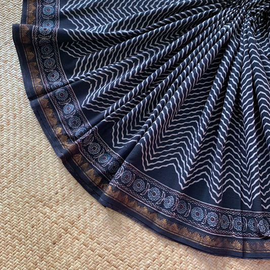 Herringbone Black, Ajrak Hand Block Printed On Madurai Cotton Saree With Zari