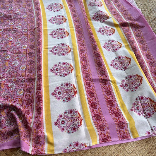 Mul Mul Cotton saree, Hand Block Printed, Pink