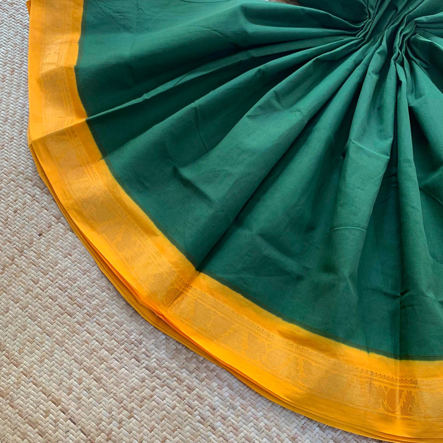 Green Saree With Yellow Half Fine Zari Border, Clamp dyed (Kattu sayam).