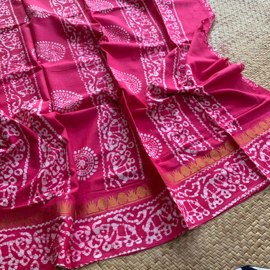 Pink Hand Crafted wax print Sungudi Mul Mul Cotton Saree