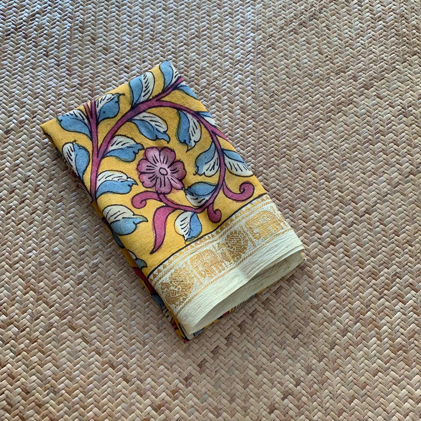 Yellow Floral, Kalamkari Hand Painted on a Madurai Sungudi Cotton BLOUSE