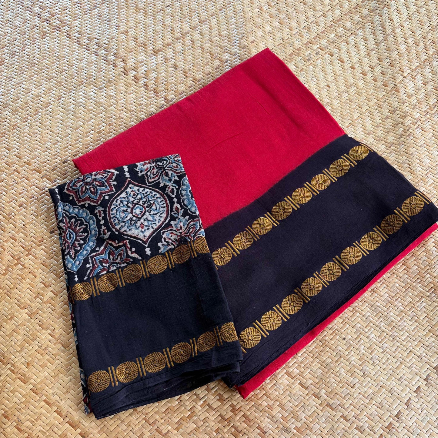Red Saree With Ajrak Blouse , Zari Rudraksham Rettai Pettu Border , Clamp dyed (Kattu sayam)