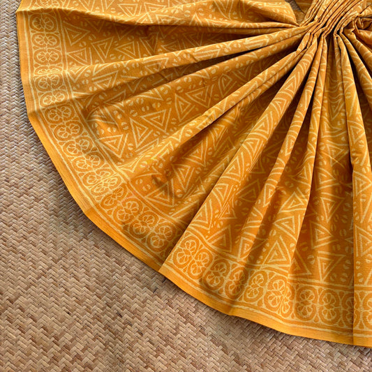 Mul Mul Cotton saree, Hand Block Printed, Yellow