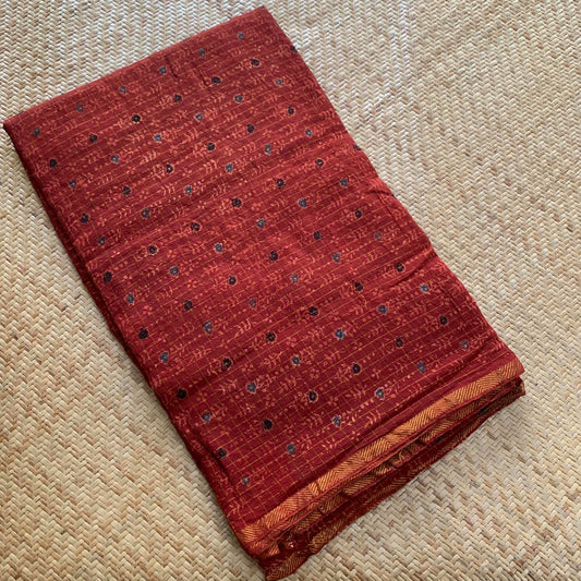 Red , Natural Dyeing Ajrak Hand Block Printed Zari Checks Cotton Blouse Fabric