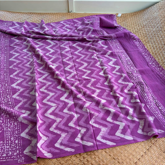 Mul Mul Cotton saree, Hand Block Printed, Purple