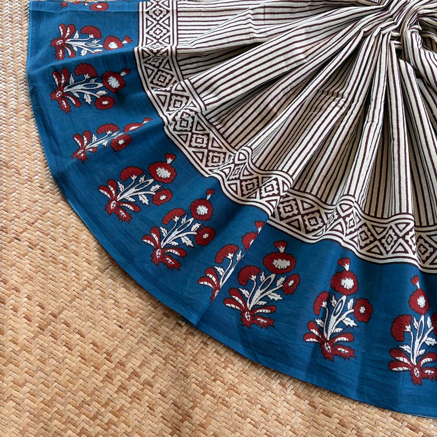 Mul Mul Cotton saree, Hand Block Printed, Blue