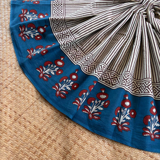 Mul Mul Cotton saree, Hand Block Printed, Blue