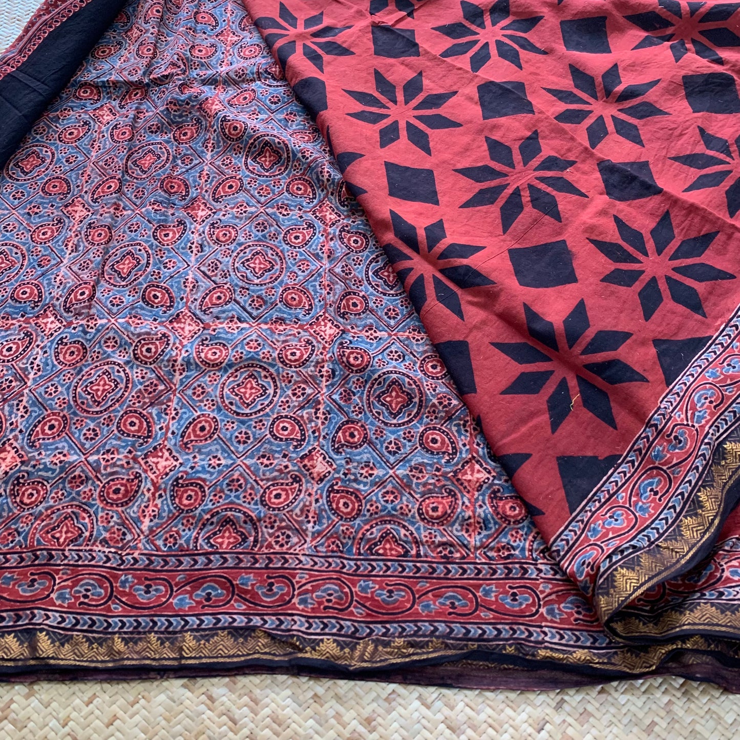 Athangudi Tiles-Red , Ajrak Hand Block Printed On Madurai Cotton Saree With Zari