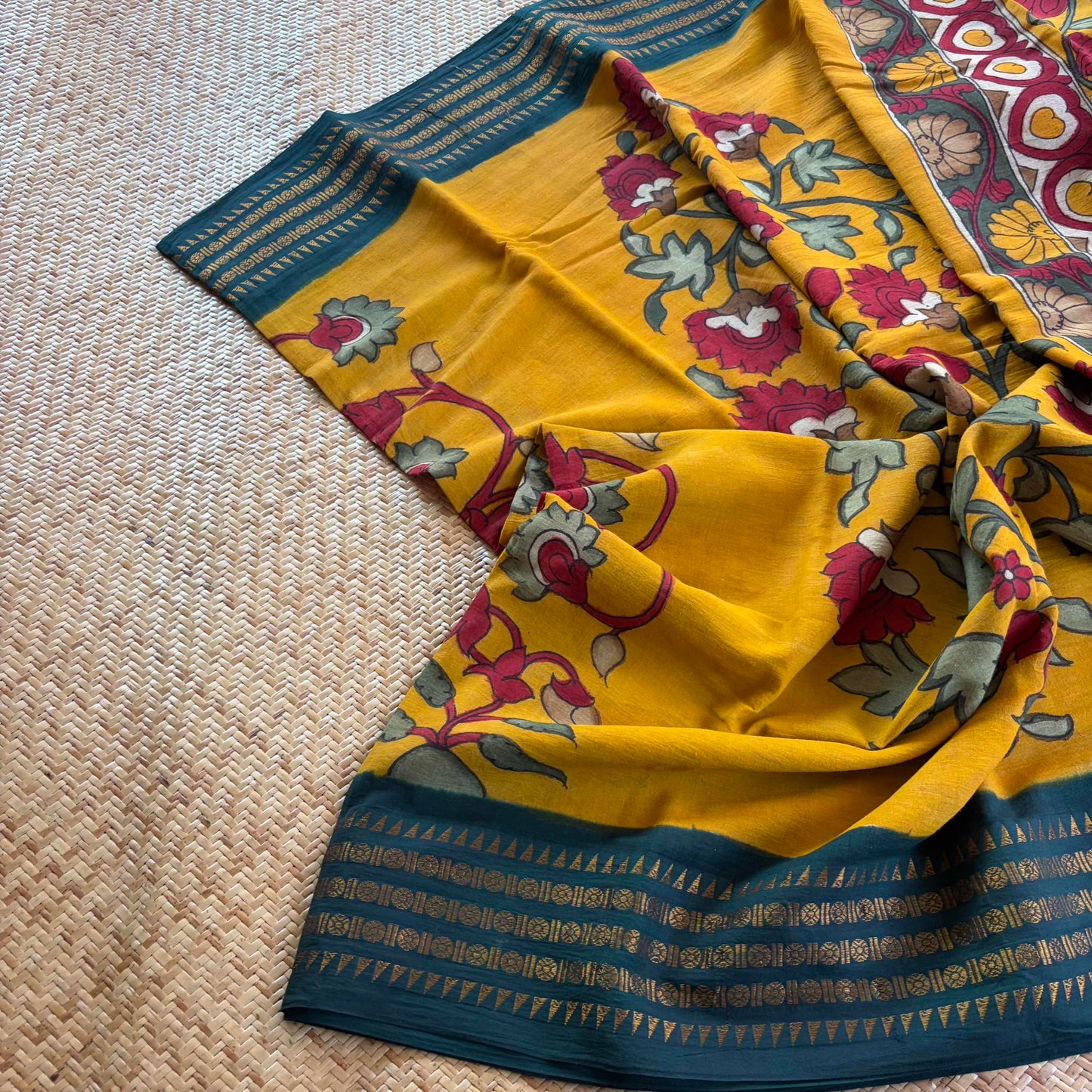 Botanical Kalamkari Hand Painted on Cotton Sungudi Saree With Blouse