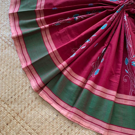 Arupukottai Hand woven Saree with multi colour thread Kantha embroidery