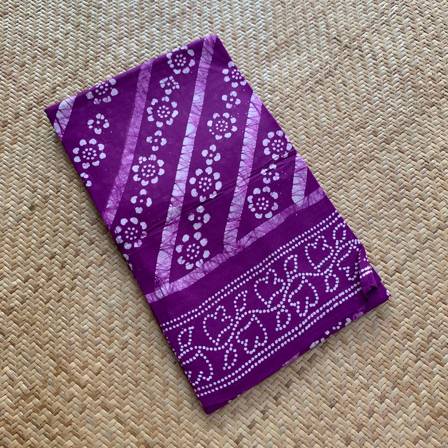 Purple Hand Crafted wax print Sungudi Mul Mul Cotton Saree