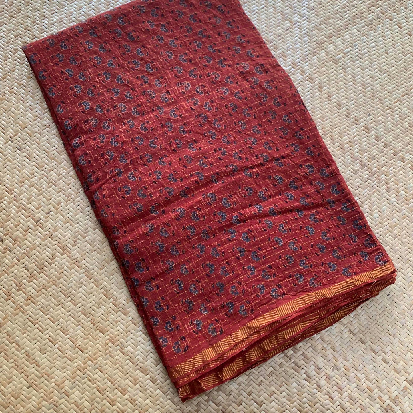 Red Natural Dyeing Ajrak Hand Block Printed Zari Checks Cotton Blouse Fabric