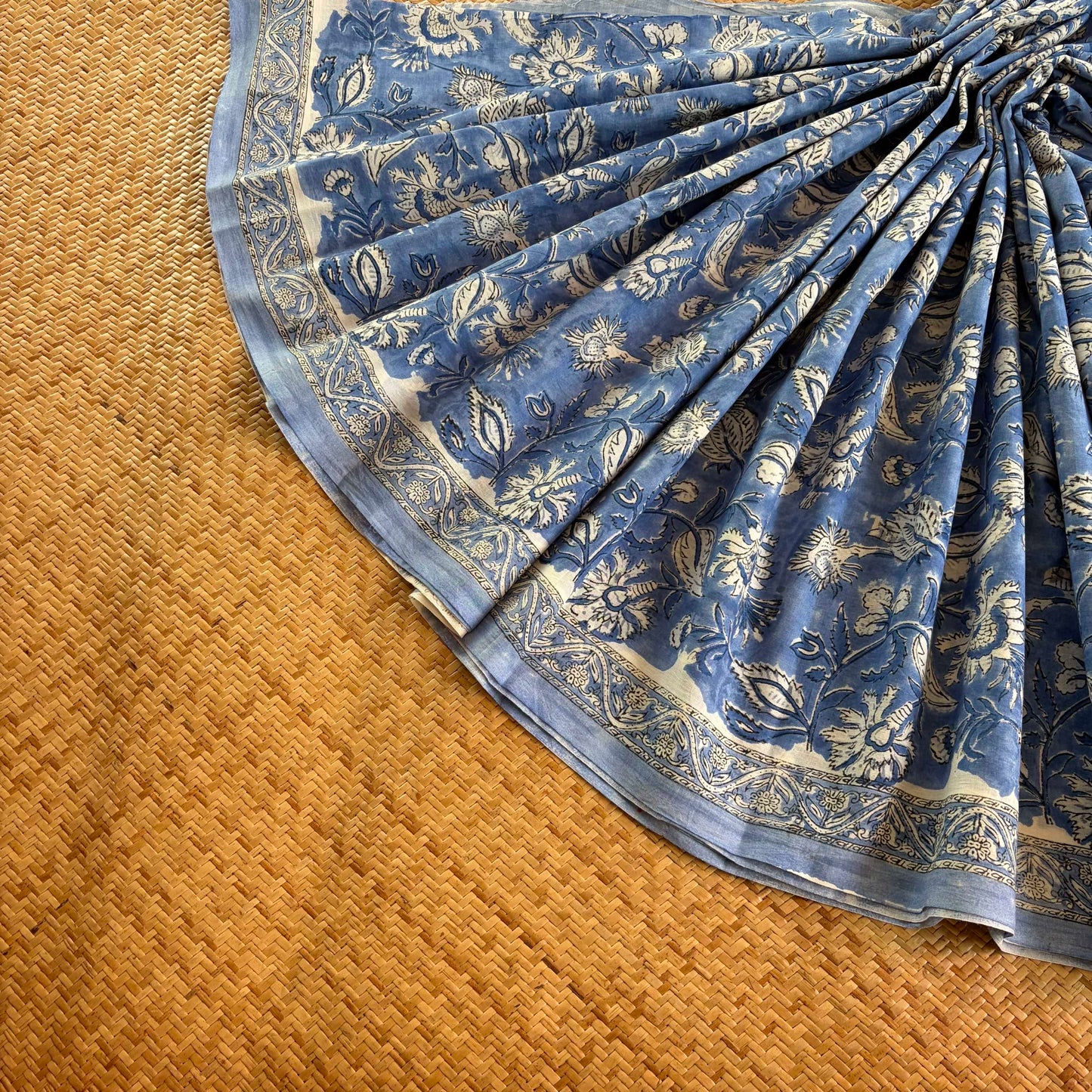 Mul Mul Cotton saree, Hand Block Printed, Blue