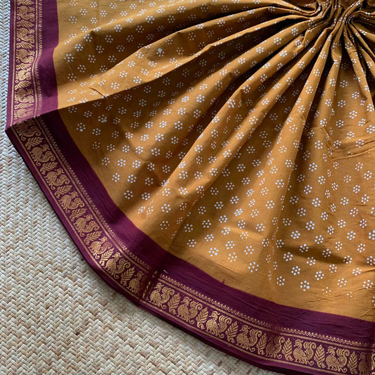 Mustard With Brown Wax Print, Half Fine Zari Premium Sungudi Cotton Sarees