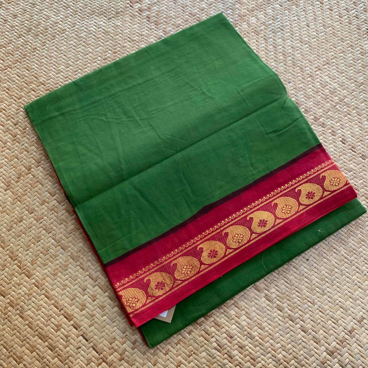 Green Saree With Red Half Fine Zari Border, Clamp dyed (Kattu sayam).