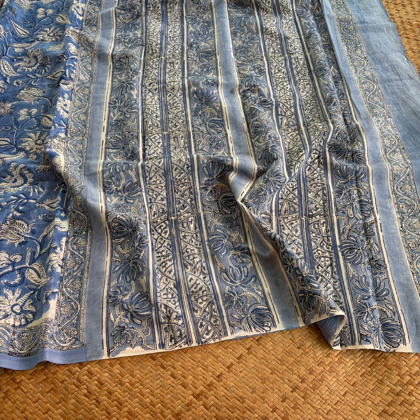 Mul Mul Cotton saree, Hand Block Printed, Blue