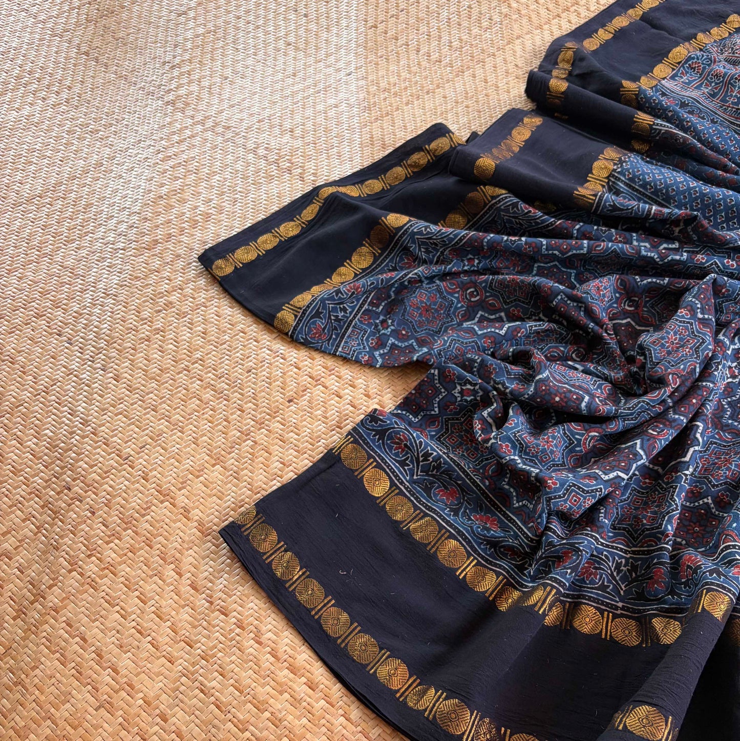 Star Indigo, Ajrak Hand Block Printed On Madurai Cotton Saree With Zari