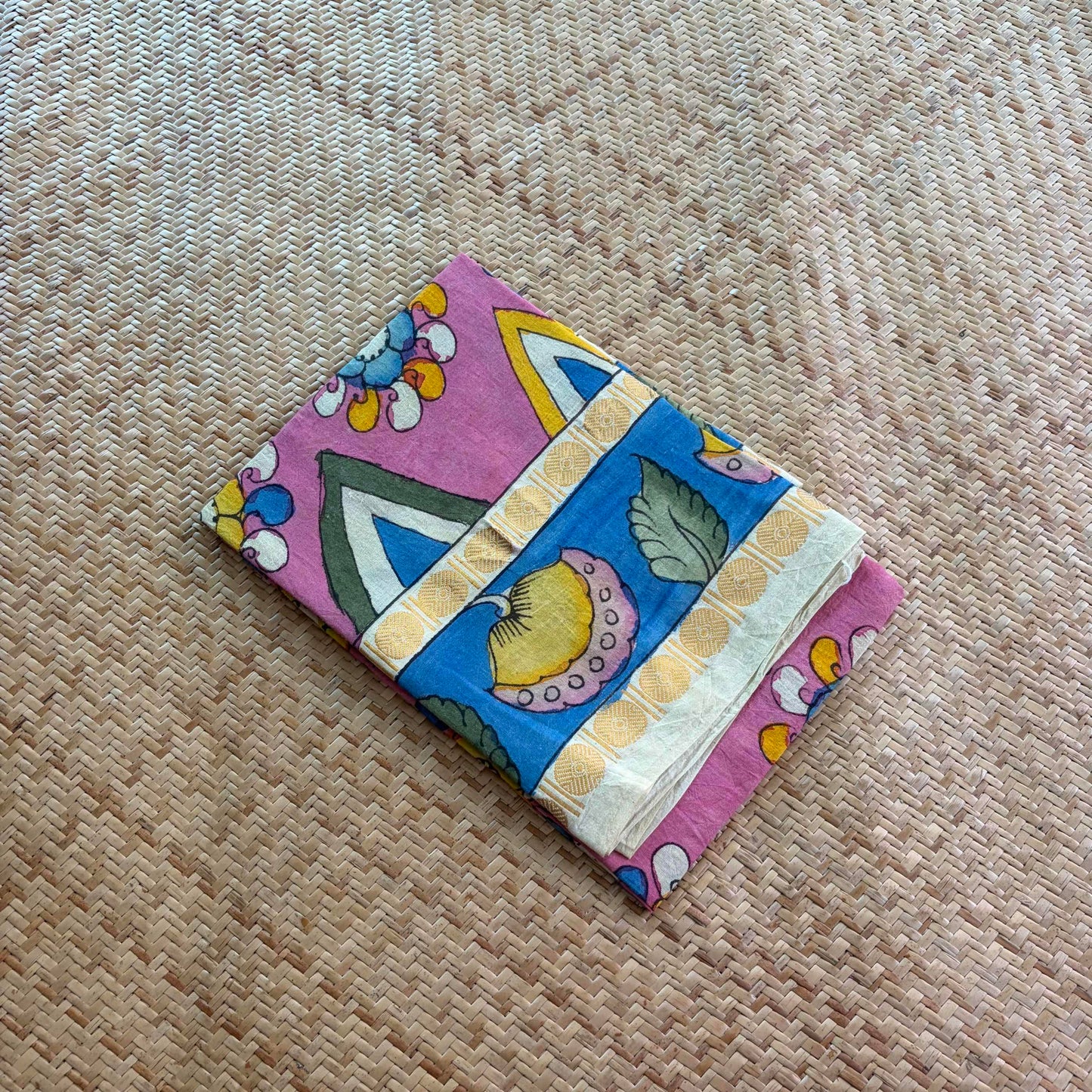 Pink Floral, Kalamkari Hand Painted on a Madurai Sungudi Cotton 1.20 METER FABRIC
