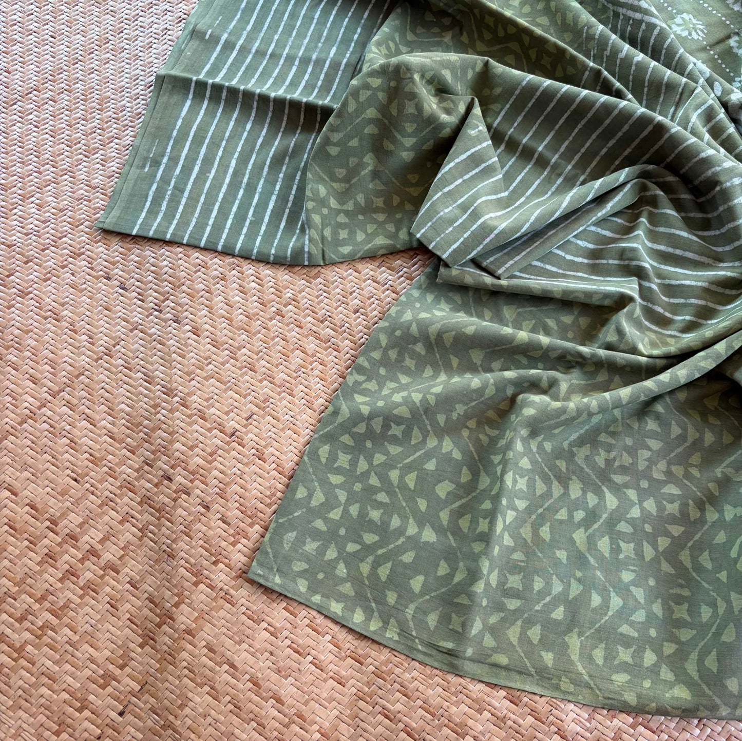 Mul Mul Cotton saree, Hand Block Printed, Green