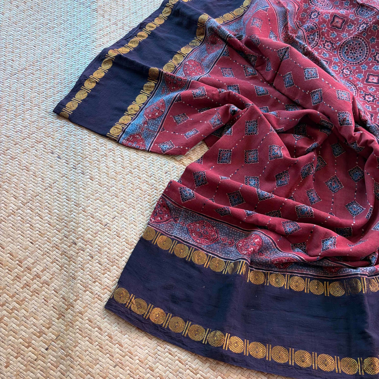 Diamond Red, Ajrak Hand Block Printed On Madurai Cotton Saree With Zari