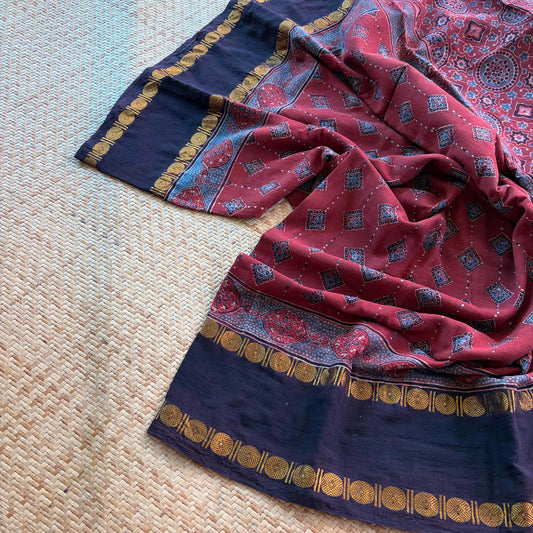 Diamond Red, Ajrak Hand Block Printed On Madurai Cotton Saree With Zari