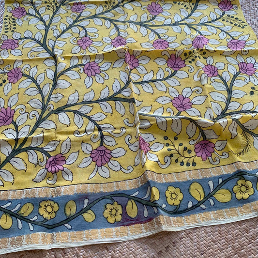 Yellow Floral, Kalamkari Hand Painted on a Madurai Sungudi Cotton BLOUSE