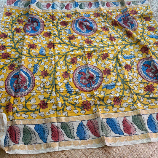 Yellow Floral, Kalamkari Hand Painted on a Madurai Sungudi Cotton 1.20 METER FABRIC