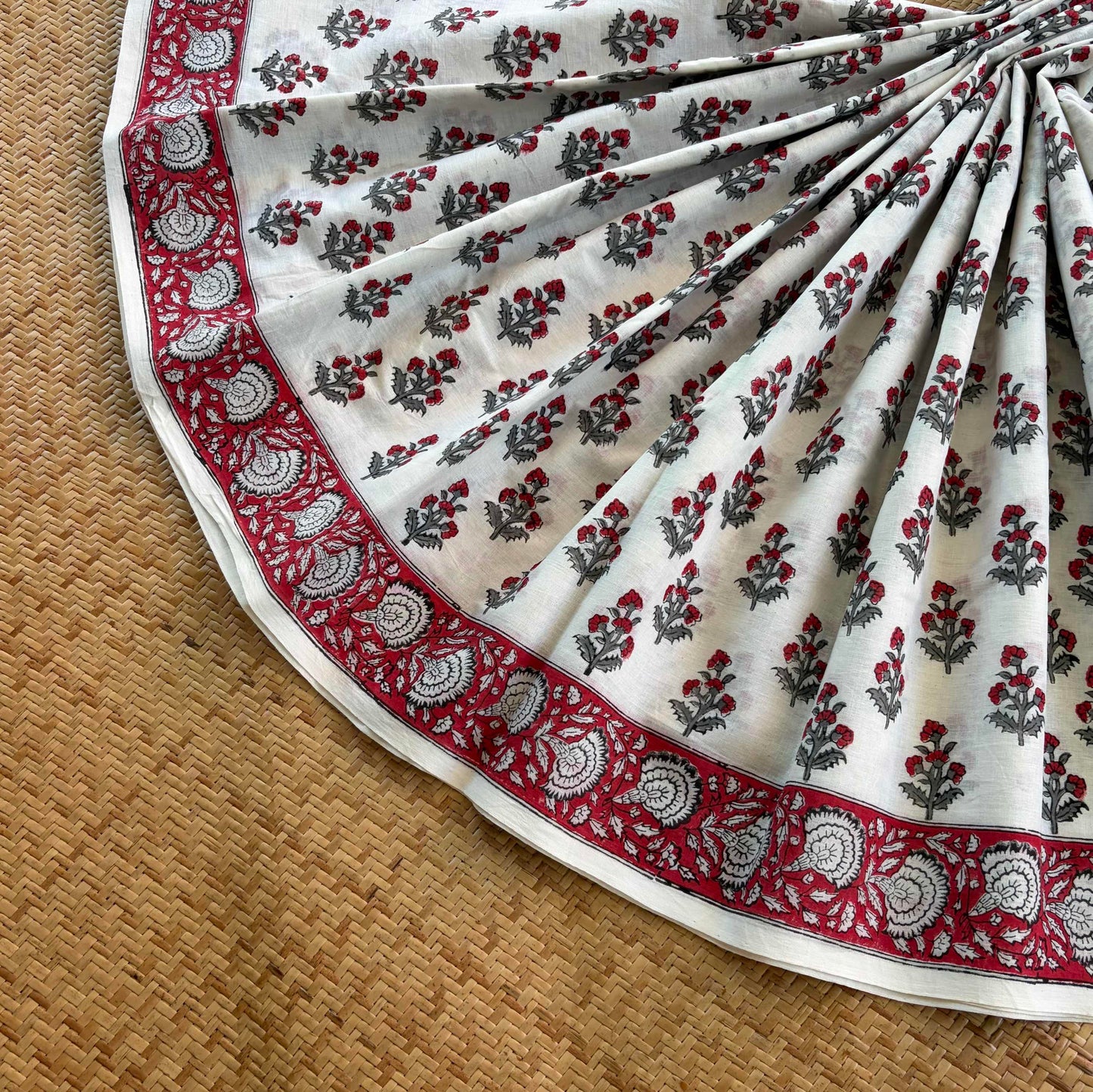 Mul Mul Cotton saree, Hand Block Printed, White