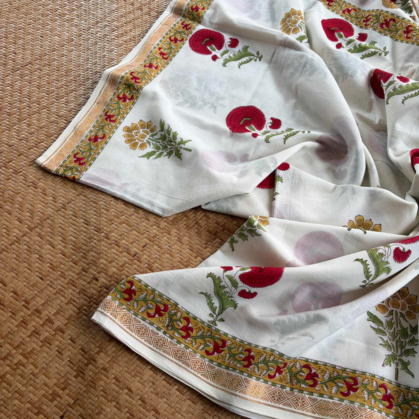 White, Jaipur Hand Block Printed On Madurai Cotton Saree With Zari
