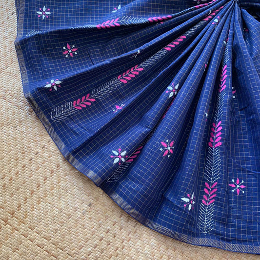 Sungudi Saree with multi colour thread Kantha embroidery